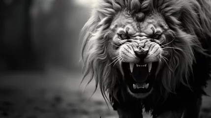 Poster Close-up of the head of an aggressive lion ready to attack. Wild animal in monochrome style. Illustration for cover, card, postcard, interior design, banner, poster, brochure or presentation. © Login
