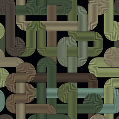 Seamless repeating pattern. Multicolored geometric labyrinth with interlaced striped lines in black, green, and brown. Abstract background. Vector illustration.