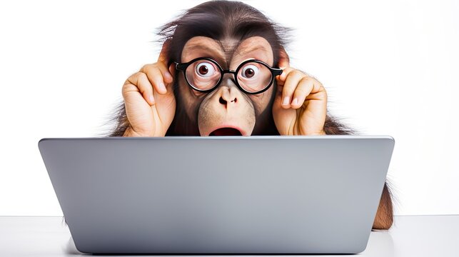 Anthropomorphic monkey with glasses working at a laptop in an office. Human characters through animals. Creative idea. Shocked, startled or frightened look with wide open mouth and bulging eyes.
