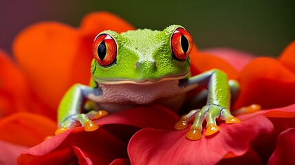 This video shows the red-eyed tree frog aglychnis callidryas in close proximity to a red flower.