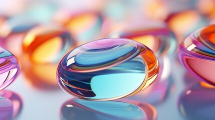 Fondo de formas orgánicas de vidrios con reflejos coloridos. Ilustración 3d. Generado por IA. - obrazy, fototapety, plakaty