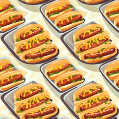 Seamless pattern with tasty hot dogs.