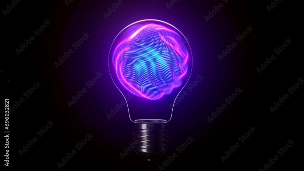 Poster neon glowing 3d sphere with moving waving pixelated surface inside the light bulb on black backgroun