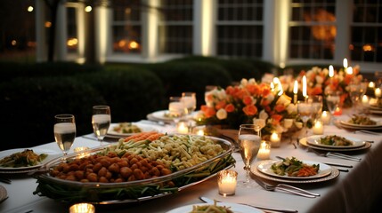 A festive and elegant table setting with a variety of delicious dishes, suitable for celebrations and events
