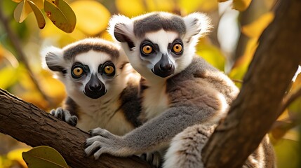 A park scene shows cute ringtailed lemurs playing on a tree