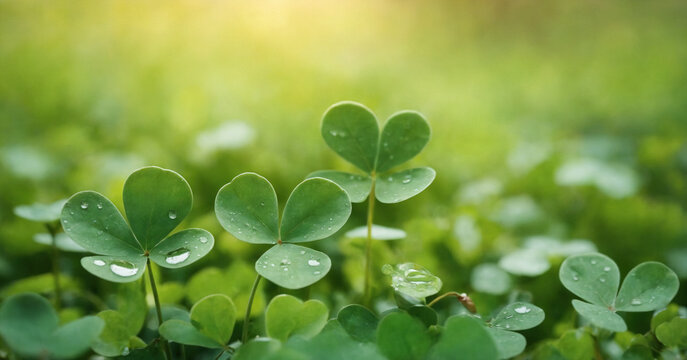 A vibrant photo of four-leaf clovers with water drops, symbolizing luck and happiness.