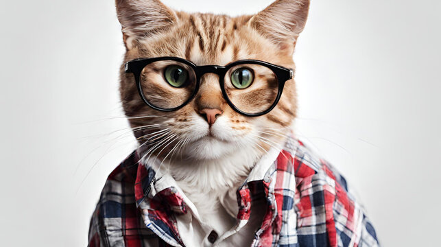 Cat with a red tie and glasses, A cat wearing sunglasses and a shirt that says'cat ', There is a cat wearing glasses and t-shirt