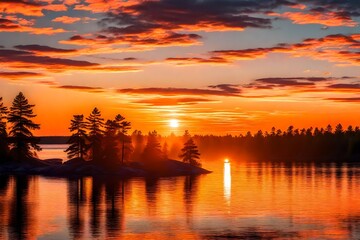 vibrant sun glowing over silhouetted landscape and water at sunset, lake of the woods, ontarion, kenora, ontario, canada