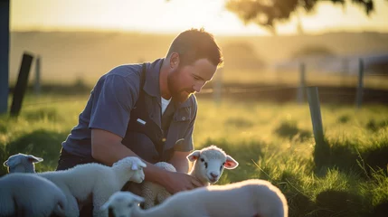 Fotobehang A veterinarian is caring for lambs on a sheep farm. © Tahir