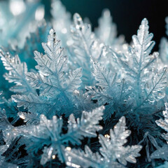The image displays a close-up view of frosty leaves that are covered with ice crystals, giving them a magical and ethereal appearance. 
