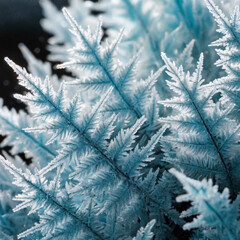 The image displays a close-up view of frosty leaves that are covered with ice crystals, giving them a magical and ethereal appearance. 