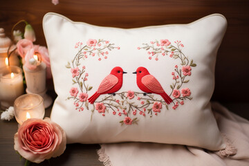 Embroidered Lovebirds Valentine's Day Cushion