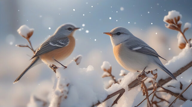 Winter snow background with snowdrifts and winter birds