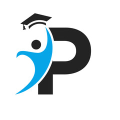 Education Logo On Letter P With Graduation Hat Icon. Graduation Symbol