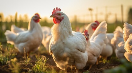 During the day, there are chickens in the fields that are both white and brown.