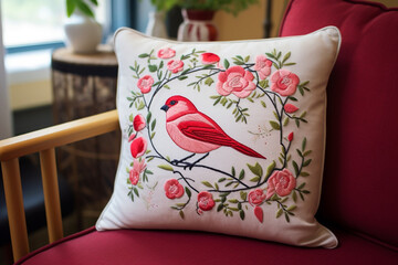 Valentine's Day Cushion with Embroidered Lovebirds