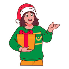 Woman in Christmas sweater and Santa hat holding a gift box