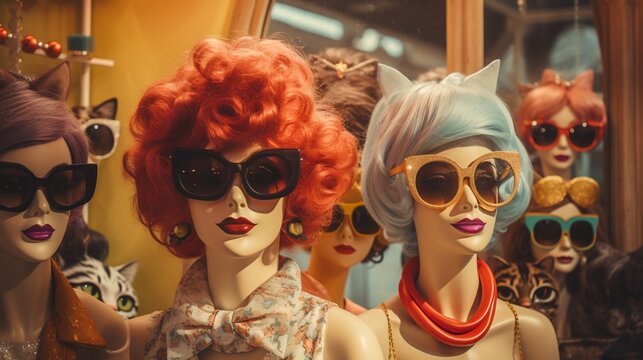 Iconic beehive wigs and cat-eye glasses on display at a festival-themed boutique