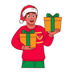 Black Man in Christmas sweater and Santa hat holding a gift box