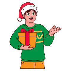 Man in Christmas sweater and Santa hat holding a gift box