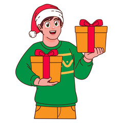 Man in Christmas sweater and Santa hat holding a gift box