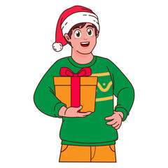 Man in Christmas sweater and Santa hat holding a gift box