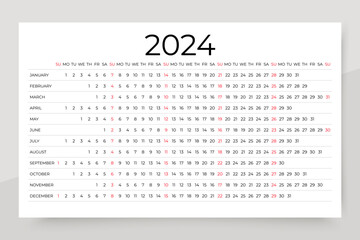 2024 calendar. Linear horizontal calender template. Annual organizer. Week starts Sunday. Yearly planner. Long grid with 12 months. Simple design. Landscape orientation, english. Vector illustration.