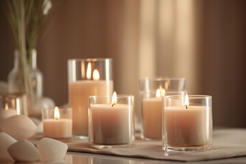 Fototapeta na wymiar Burning candles on beige background. Warm aesthetic composition with dry flowers. Home comfort, spa, relax and wellness concept. Interior decoration