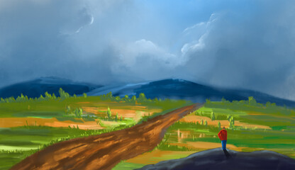 Hiker, man standing on rock looking to meadow with tree and distant hill. Digital landscape painting background