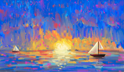 Yach ship floating on sea at sunrise. Impressionism digital landscape painted background