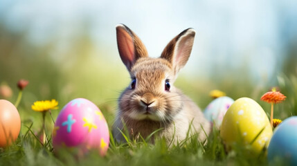 cartoon style, Illustration, easter bunny in the grass with beautiful colored easter eggs. Beautiful design element. Beautiful decoration for children. Decoration for school, menu, poster, greeting ca