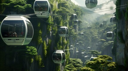A network of suspended transportation pods traversing between high-tech habitats, accompanied by AI-operated energy grids and autonomous infrastructure maintenance units