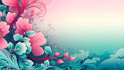 Fototapeta na wymiar whimsical pink flowers with teal leaves swirling against a pastel background, evoking a peaceful, magical underwater scene