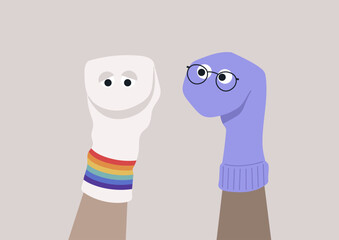 In a psychotherapy session, an upset queer patient finding solace in expressing emotions through sock puppets, aiding in communication and processing feelings