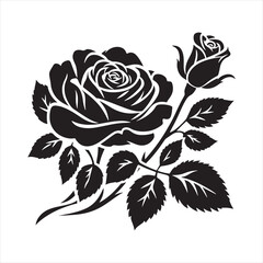 Rose Silhouette: Silken Petals, Regal Blooms, and Subtle Garden Whispers in Shadowy Elegance - Minimallest black vector flower Silhouette
