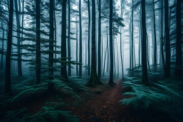 A mesmerizing view of a cold, foggy forest enveloped in an ethereal mist, where tall trees with  branches stand like sentinels