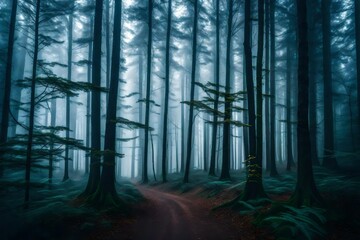 Naklejka premium A mesmerizing view of a cold, foggy forest enveloped in an ethereal mist, where tall trees with branches stand like sentinels
