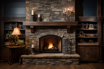 Rustic Charm: Traditional Stone Fireplace Surrounded by Timeless Rustic Decor