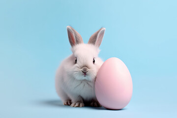 Small bunny next to large pastel pink Easter egg in front of blue studio background