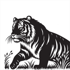 Tiger Silhouette: Fearless Predator Silhouetted Against a Jungle Background - Minimallest tiger black vector Silhouette
