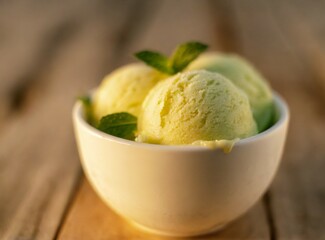 Pistachio/Mint traditional Italian ice cream/gelato scoop, closeup photography