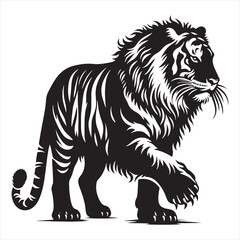 Tiger Silhouette: Majestic Big Cat Roaming in the Moonlit Jungle - Minimallest tiger black vector Silhouette
