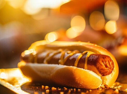 American hot dog, eating at a street food truck in New York City. Closeup photography of the isolated hot dog on a table.
