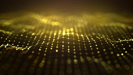Vibrant digital particle wave, a futuristic visualization of interconnected data and technology in golden hues against a dark background, radiating brilliance and sparkle.