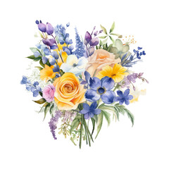 Elegant spring floral bouquet. Yellow and blue flowers composition on white background. Perfect for greeting and wedding card, stationery etc. 
