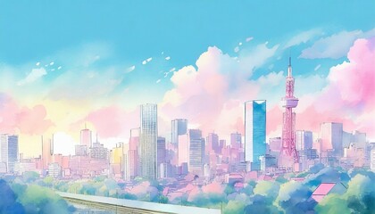 pastel anime style illustration of a city skyline