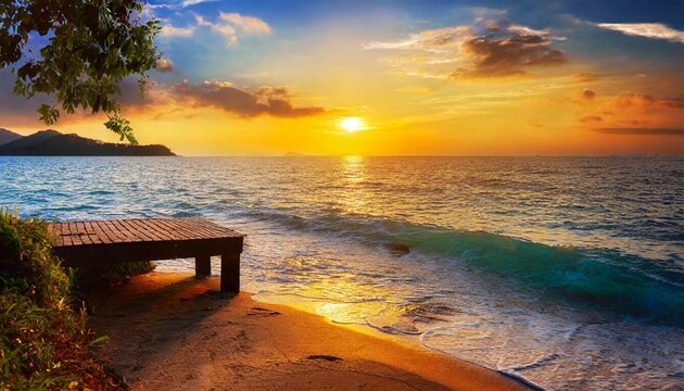 Relaxing Holiday Sunset At Seaside In Outdoor Scene Beautiful Summer Beach Landscape