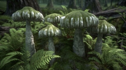 Close-up of mushrooms and moss in a lush forest setting, highlighting the beauty and diversity of nature in a captivating composition