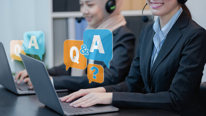 business hand clicking Q&A or Question and Answer button. Business woman holding posts in Q&A. Women answer customer questions online. Online service gives quick answers. FAQ concept, ask questions, - obrazy, fototapety, plakaty