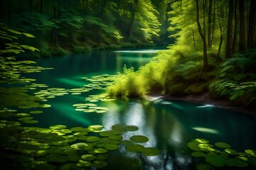 A mesmerizing view of a serene river winding through a dense forest, the dappled sunlight creating a play of shadows on the water's surface